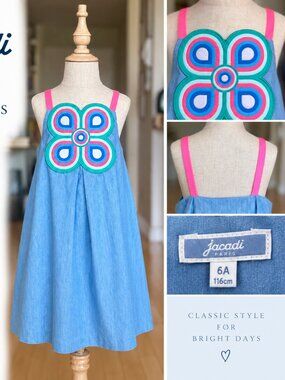 Jacadi Paris Girls Blue Cotton Sundress 6A | Colorful Flower Appliqué